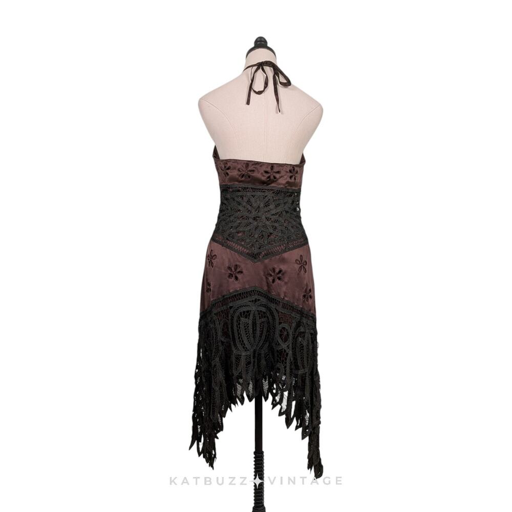 Vintage Cache Silk Midi Dress Cocktail Gown 6 Brown Lace Fairy Grunge 90sY2K - Picture 2 of 16